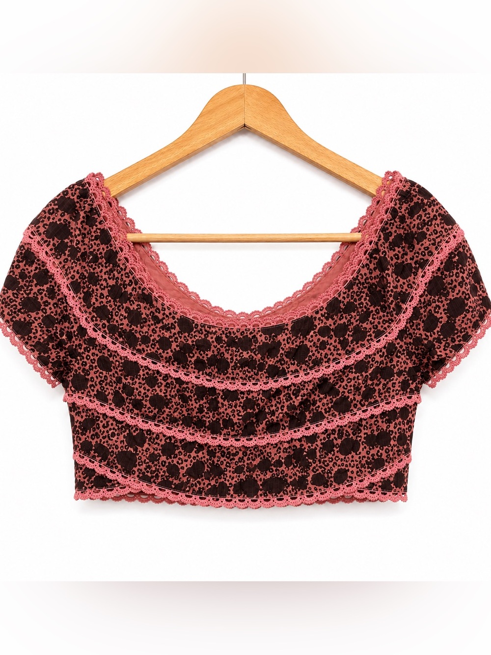 Anthropologie Pink Leopard Print Crochet Trim Zip Front Crop Top 6 Boho Festival